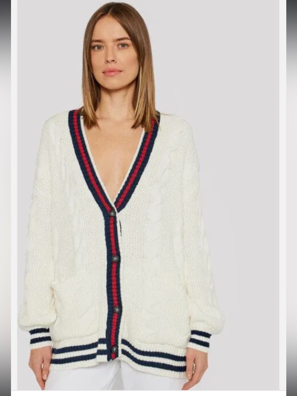 American Eagle cardigan sweater XS cream varsity stripe v neck cable knit